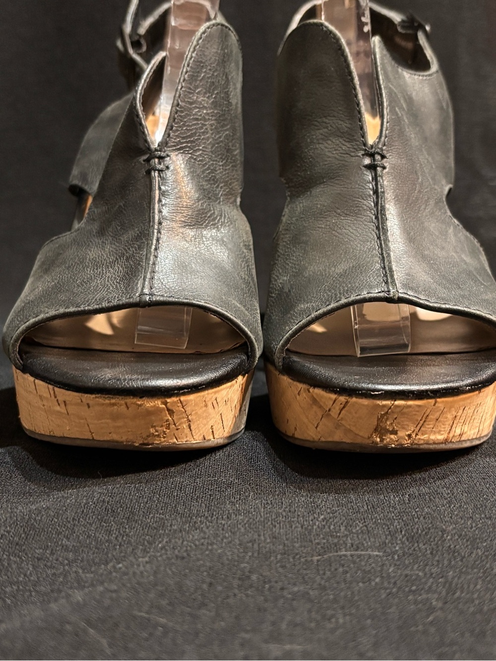 Franco Sarto Black Leather Wedge Sandals Peep Toe Cork Platform Heel Size 7 - Picture 3 of 11